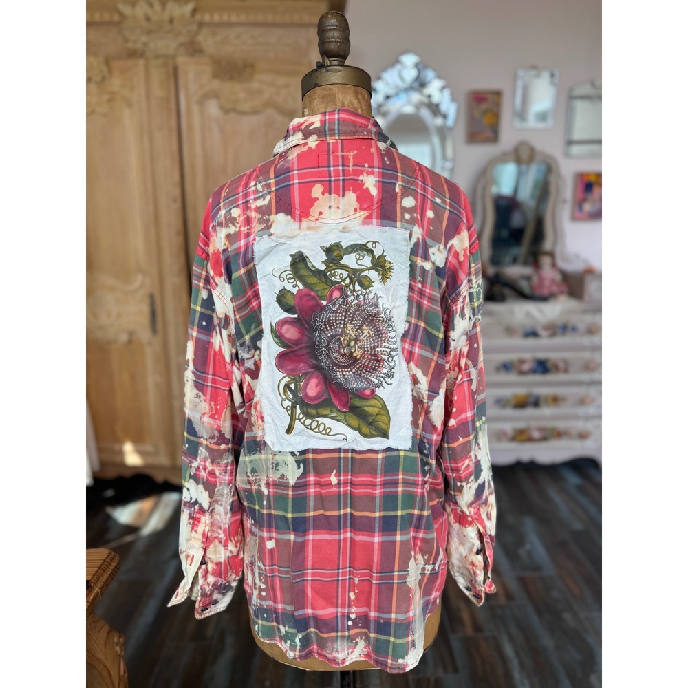 Upcycled Floral Flannel Shirt Rayon Bleach Art Medium Boho - Picture 7 of 8